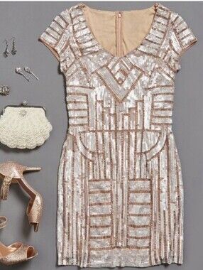 Adrianna Papell | Sequin Beaded Sheath Cocktail Short Cocktail Dress Women 8P